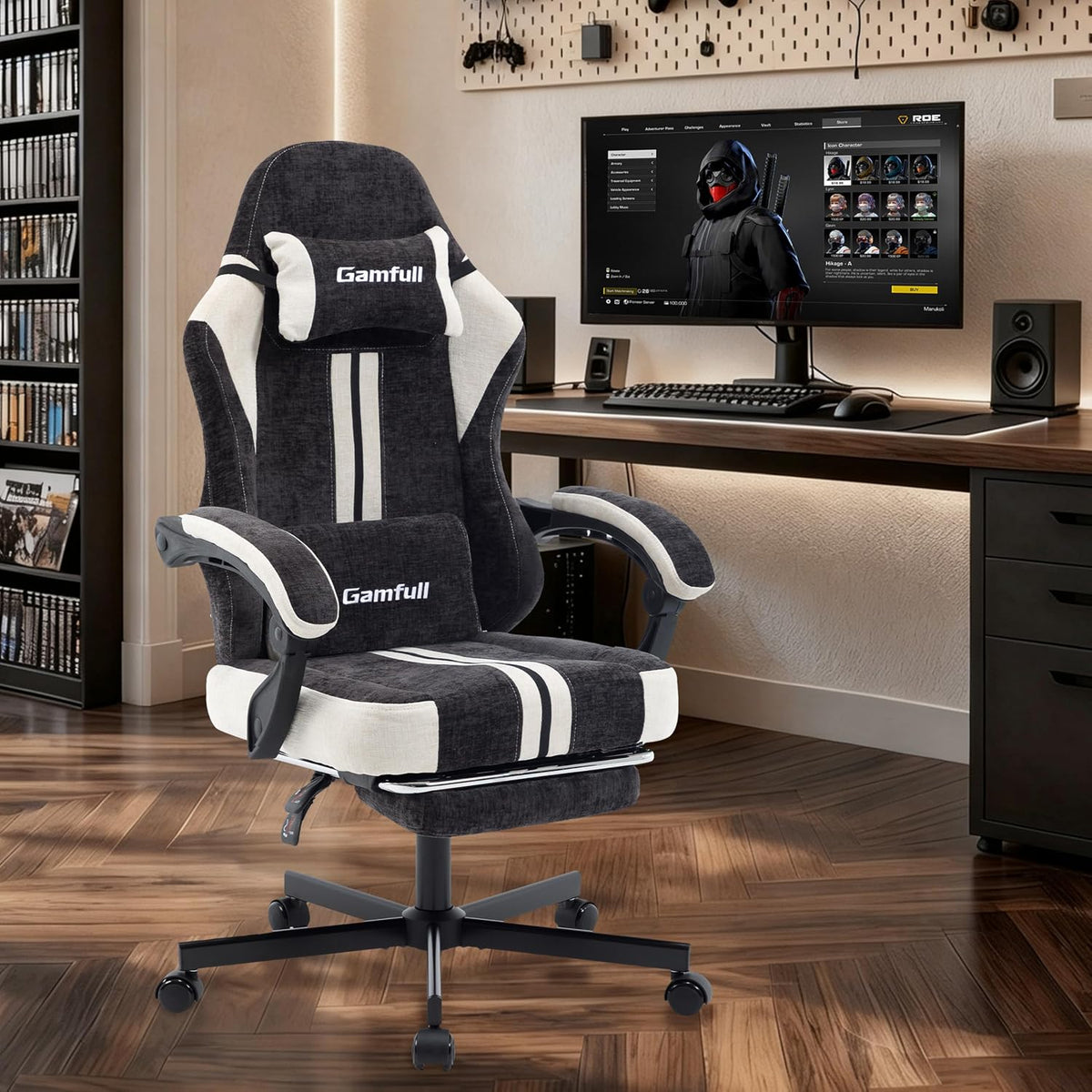 Fabric Gaming Chair for Adults,Video Game Chairs with Footrest,Black&White