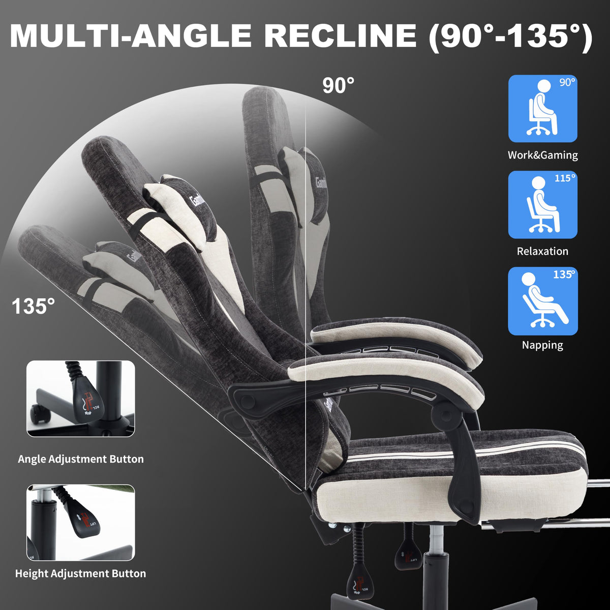 Fabric Gaming Chair for Adults,Video Game Chairs with Footrest,Black&White