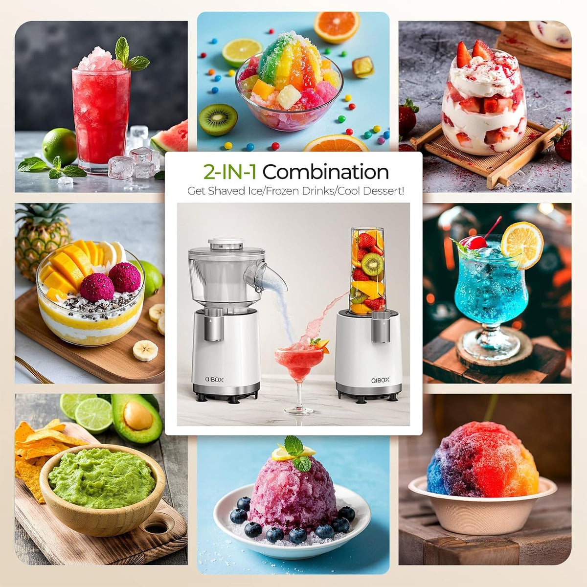 QIBOX 2-in-1 Snow Cone Machine & Smoothie Blender | 700W Electric Ice Shaver for Home Kitchen | Perfect for Kids' Birthday Parties, Summer BBQs & Daily Breakfast Smoothies