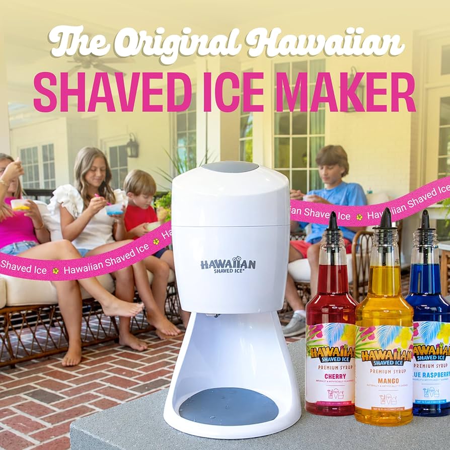 Hawaiian Shaved Ice Machine Kit - 3 Flavors, 25 Cups, Straws, Pourers & Ice Molds