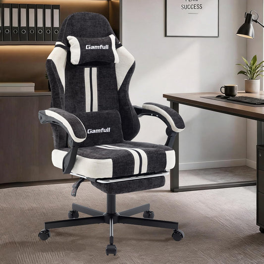 Fabric Gaming Chair for Adults,Video Game Chairs with Footrest,Black&White