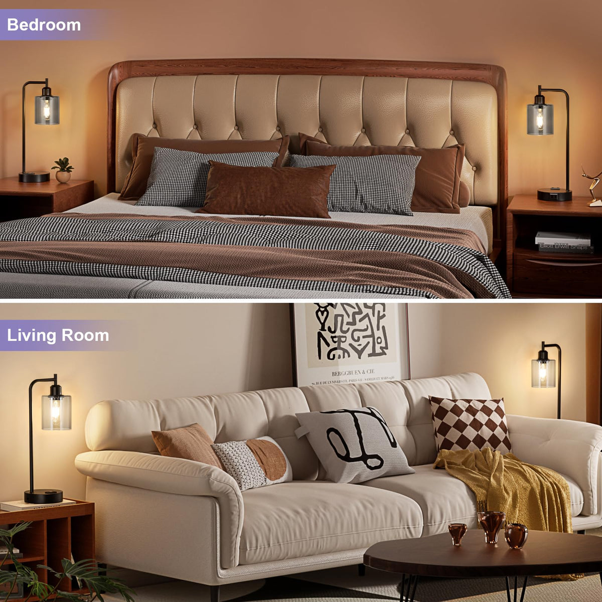 Innqoo Industrial Touch Lamps for Nightstand Set of 2 - 3-Way Dimmable, USB-C+A, Glass Shade