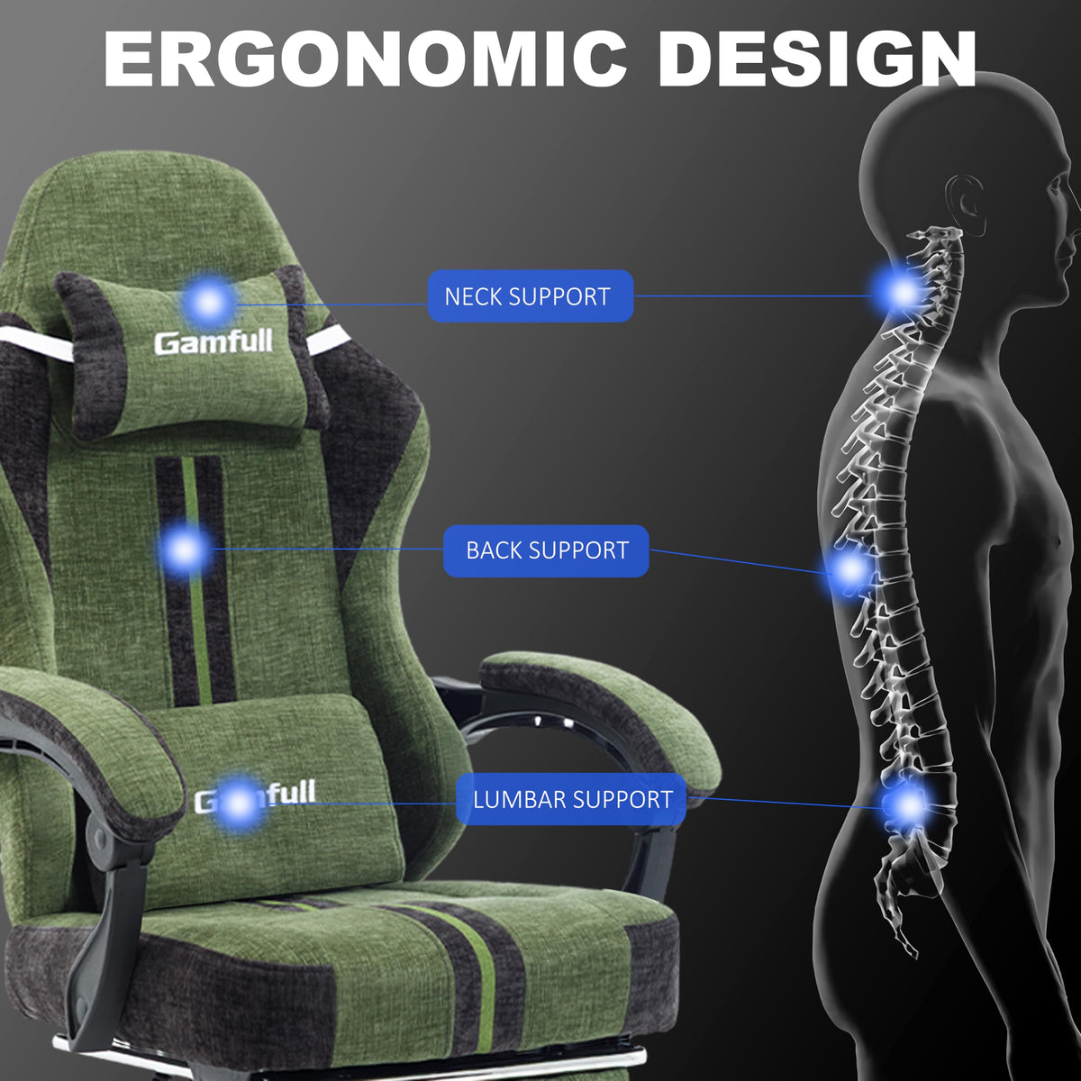 Fabric Gaming Chair for Adults,Video Game Chairs with Footrest,Black&White