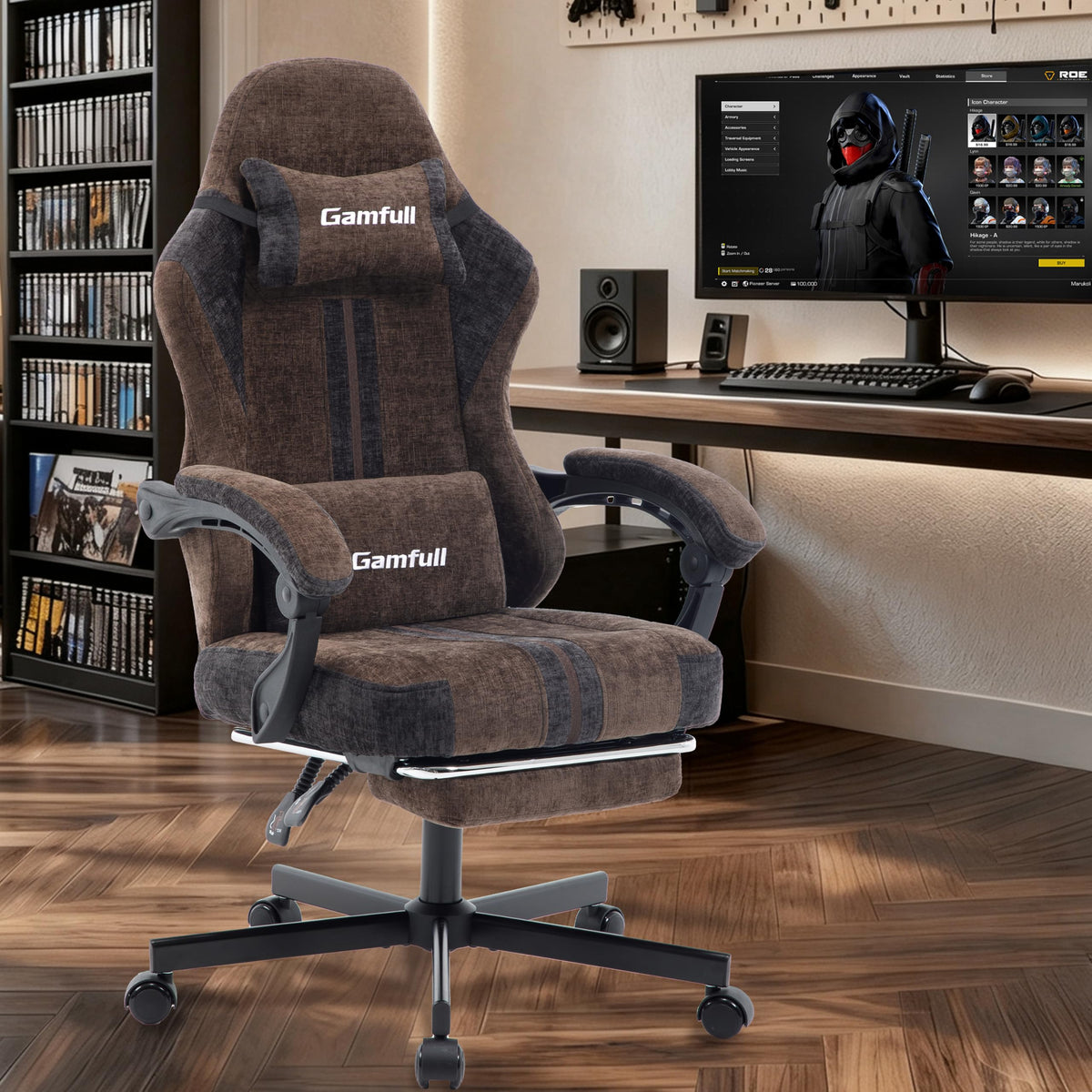 Fabric Gaming Chair for Adults,Video Game Chairs with Footrest,Black&White