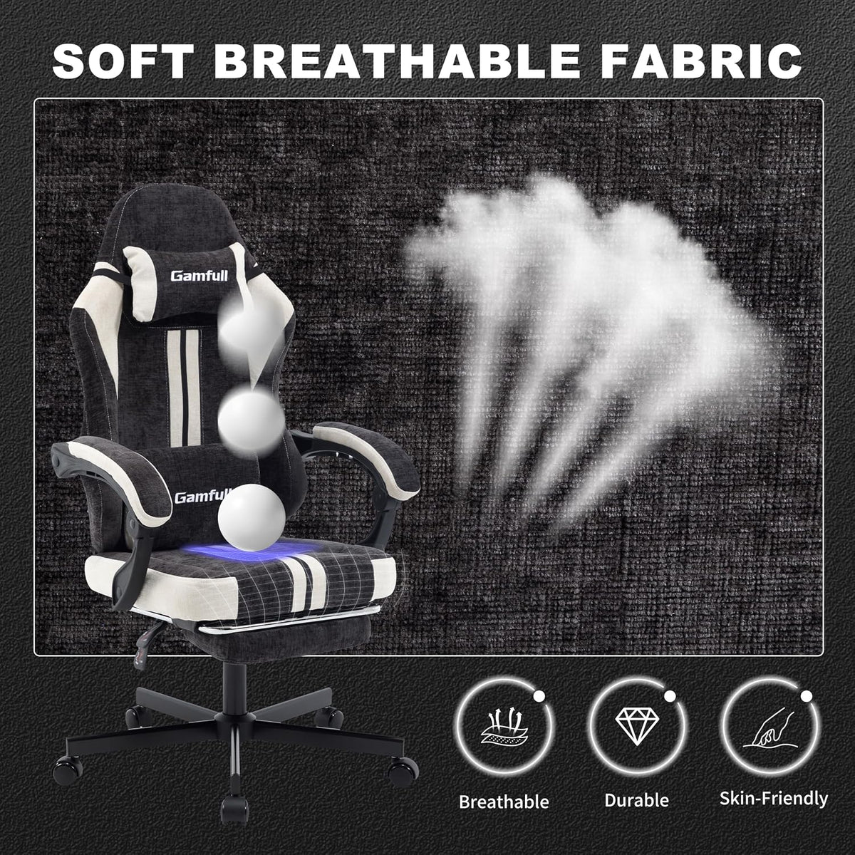 Fabric Gaming Chair for Adults,Video Game Chairs with Footrest,Black&White
