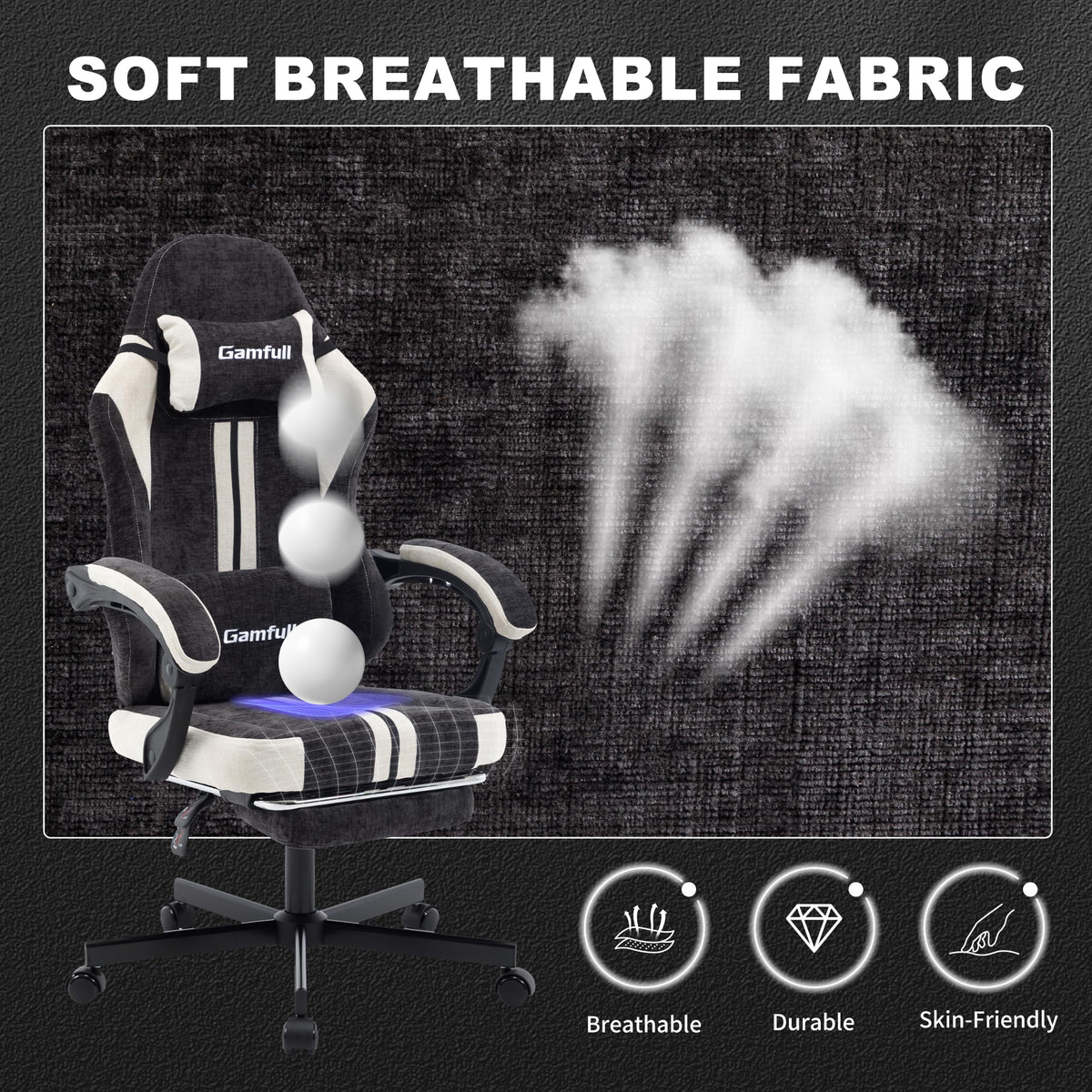 Fabric Gaming Chair for Adults,Video Game Chairs with Footrest,Black&White