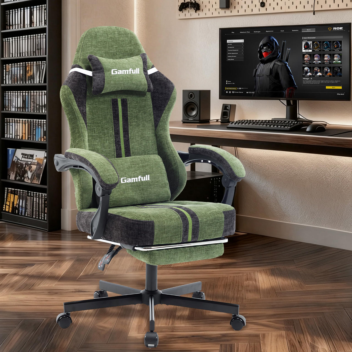 Fabric Gaming Chair for Adults,Video Game Chairs with Footrest,Black&White