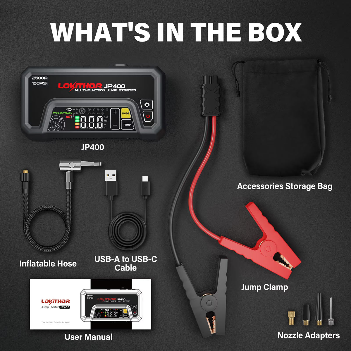 LOKITHOR JP400 Jump Starter with Air Compressor for 8.5L Gas/6.5L Diesel