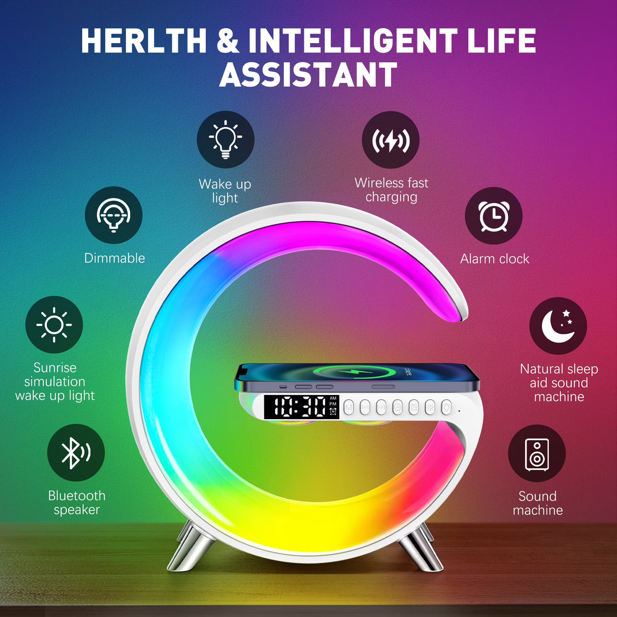 ALYNIC Smart LED Table Lamp - 4-in-1 Wireless Charger, Night Light, Alarm Clock & Bluetooth Speaker