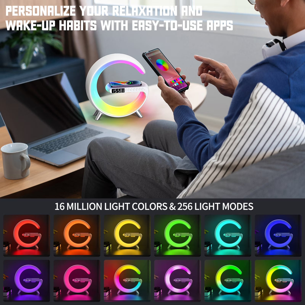 ALYNIC Smart LED Table Lamp - 4-in-1 Wireless Charger, Night Light, Alarm Clock & Bluetooth Speaker