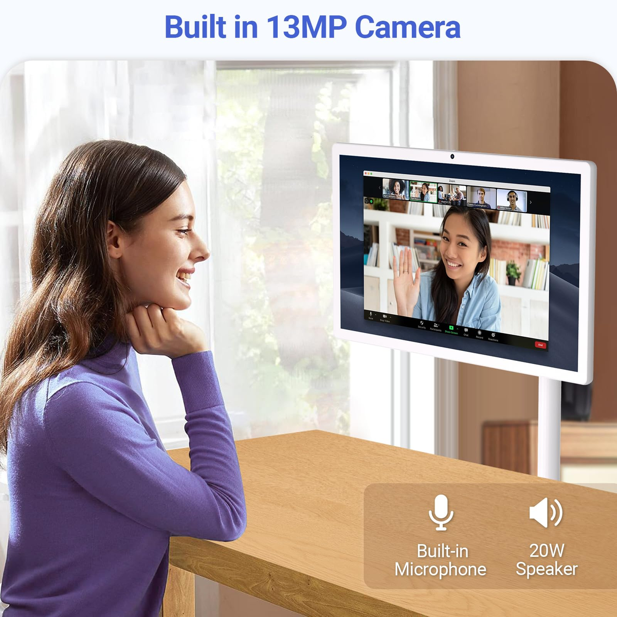 WinTang Portable TV showing video call on 1080p screen with built-in 13MP camera and 20W speaker