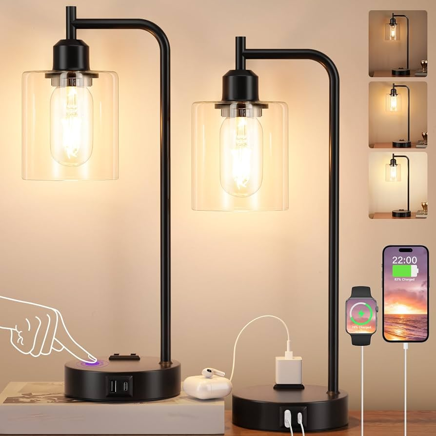 Innqoo Industrial Touch Lamps Set of 2 with Glass Shade and USB Charging Ports
