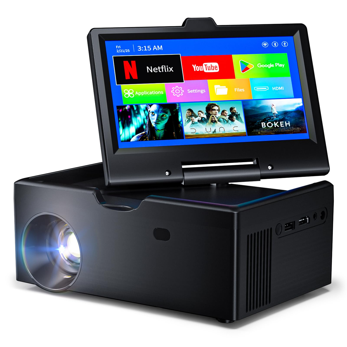 NETTIPS Small Smart TV with 7-inch touchscreen and built-in projector showing Netflix YouTube and Google Play