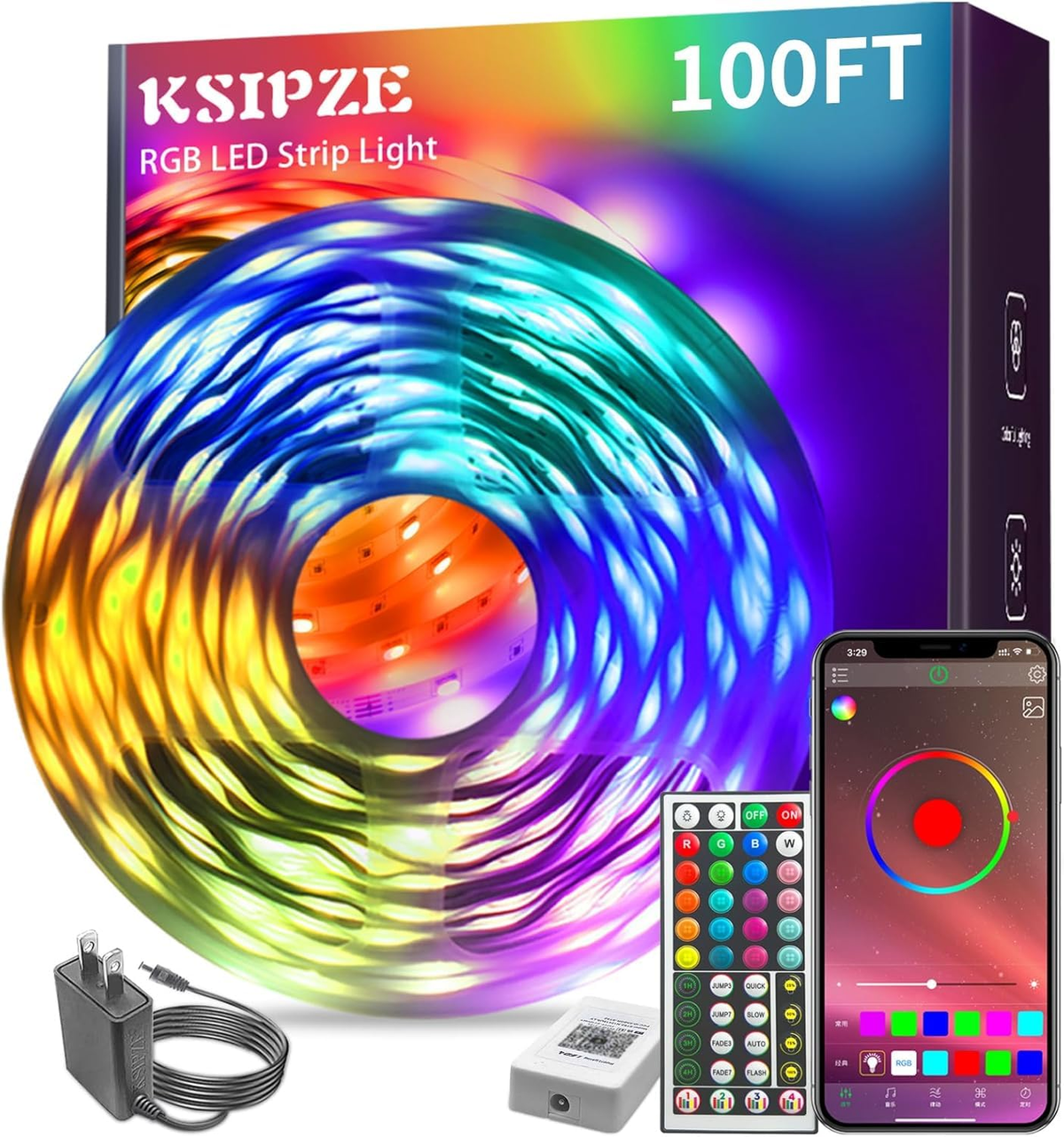 KSIPZE 100FT RGB LED Strip Light with remote control and app