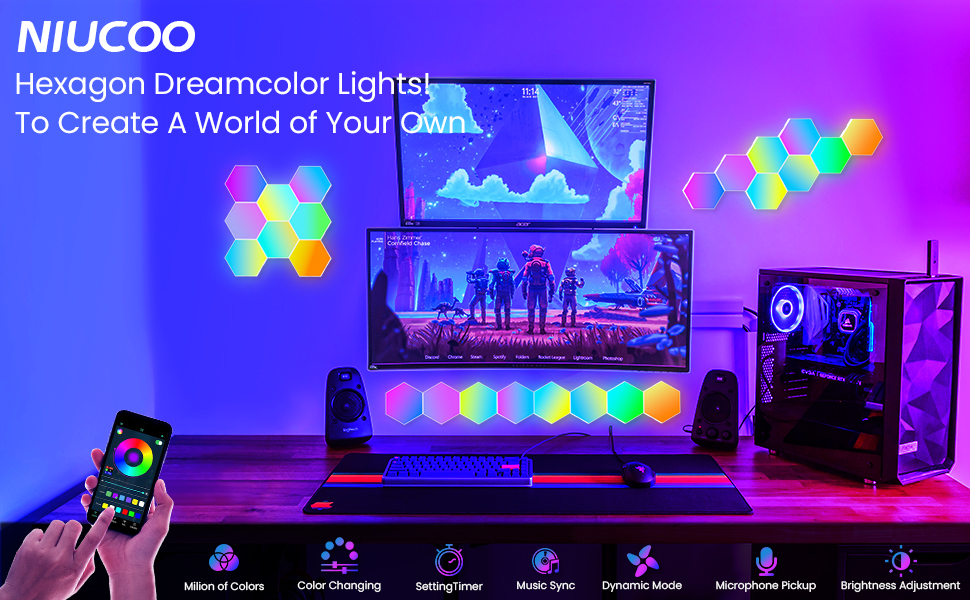 NIUCOO Hexagon Dreamcolor Lights in gaming room setup with dual monitors