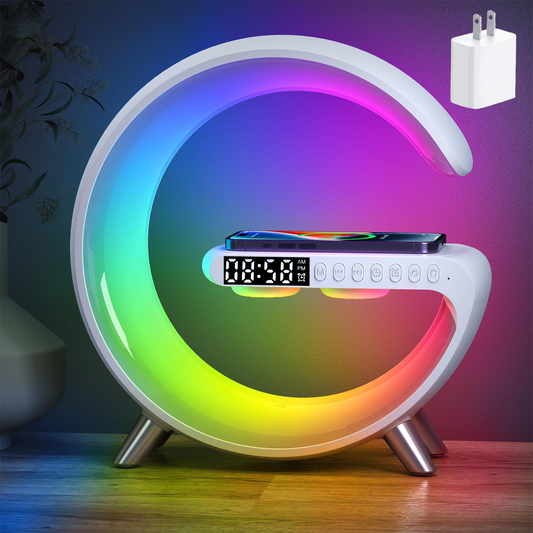 ALYNIC Smart LED Table Lamp 4-in-1 Wireless Charger Alarm Clock Bluetooth Speaker RGB