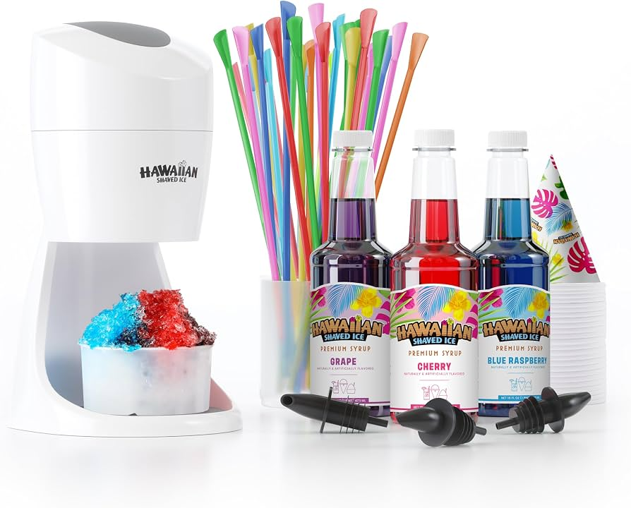 Hawaiian Shaved Ice Machine Kit with 3 syrup flavors, colorful straws, cups and pourers