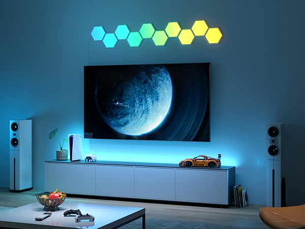 Govee Hexagon LED Panels installed above TV in living room gaming setup