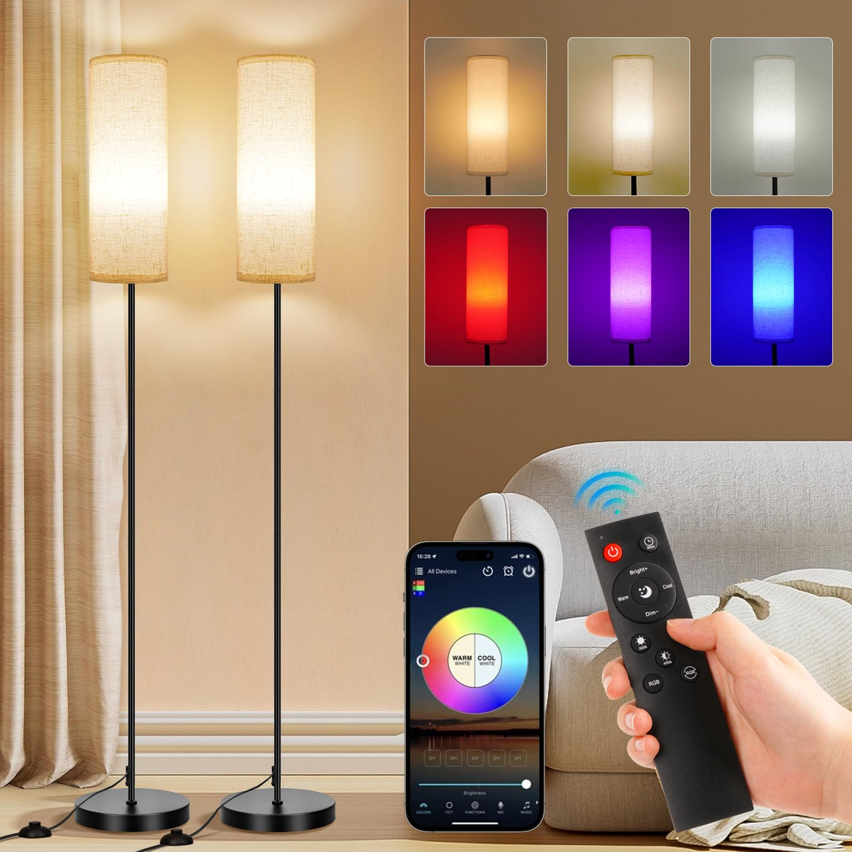 FRIDEKO HOME Smart Floor Lamp Set of 2 with Color Changing Bulb App and Remote Control
