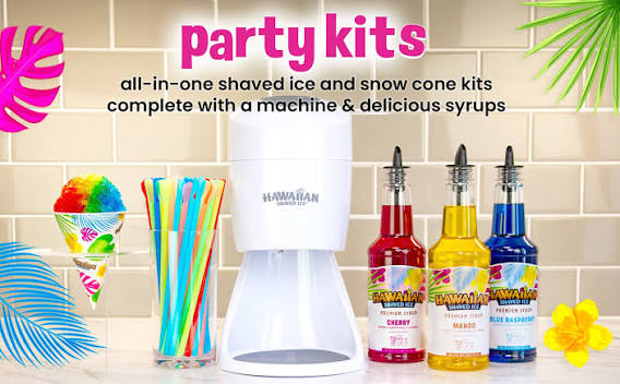 Hawaiian Shaved Ice Machine Kit - 3 Flavors, 25 Cups, Straws, Pourers & Ice Molds