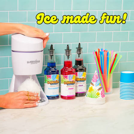 Hawaiian Shaved Ice Machine Kit - 3 Flavors, 25 Cups, Straws, Pourers & Ice Molds