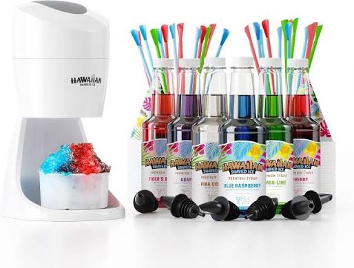Hawaiian Shaved Ice Machine Kit - 3 Flavors, 25 Cups, Straws, Pourers & Ice Molds