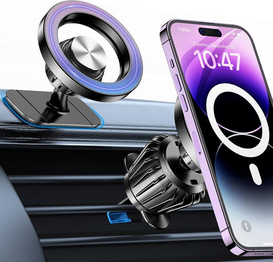 Magnetic Car Dashboard Phone Mount with 360 degree rotation shown on car dashboard